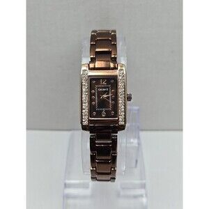 Gruen II Womens Rose Gold Rectangular Watch Crystal Bezel Brown Dial New Battery